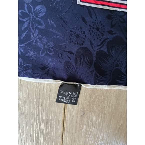 Vintage 100% Silk Scarf Italy Floral Jacquard Navy Blue Red Square Foulard - Picture 5 of 7